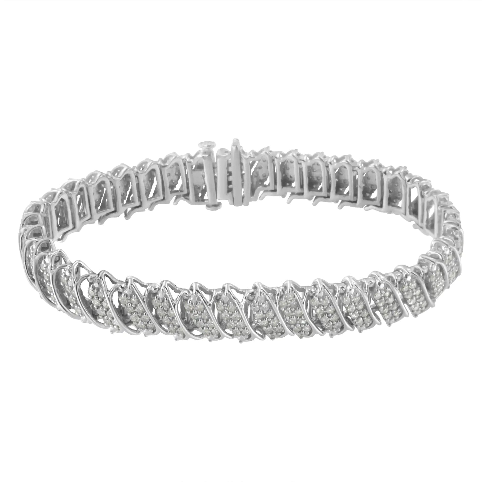 .925 Sterling Silver 3.0 Cttw Diamond Multi Row Cluster Slanted Wave Link 7-¼” Tennis Bracelet (I-J Color, I2-I3 Clarity) WEM Support (www.WEM.support)