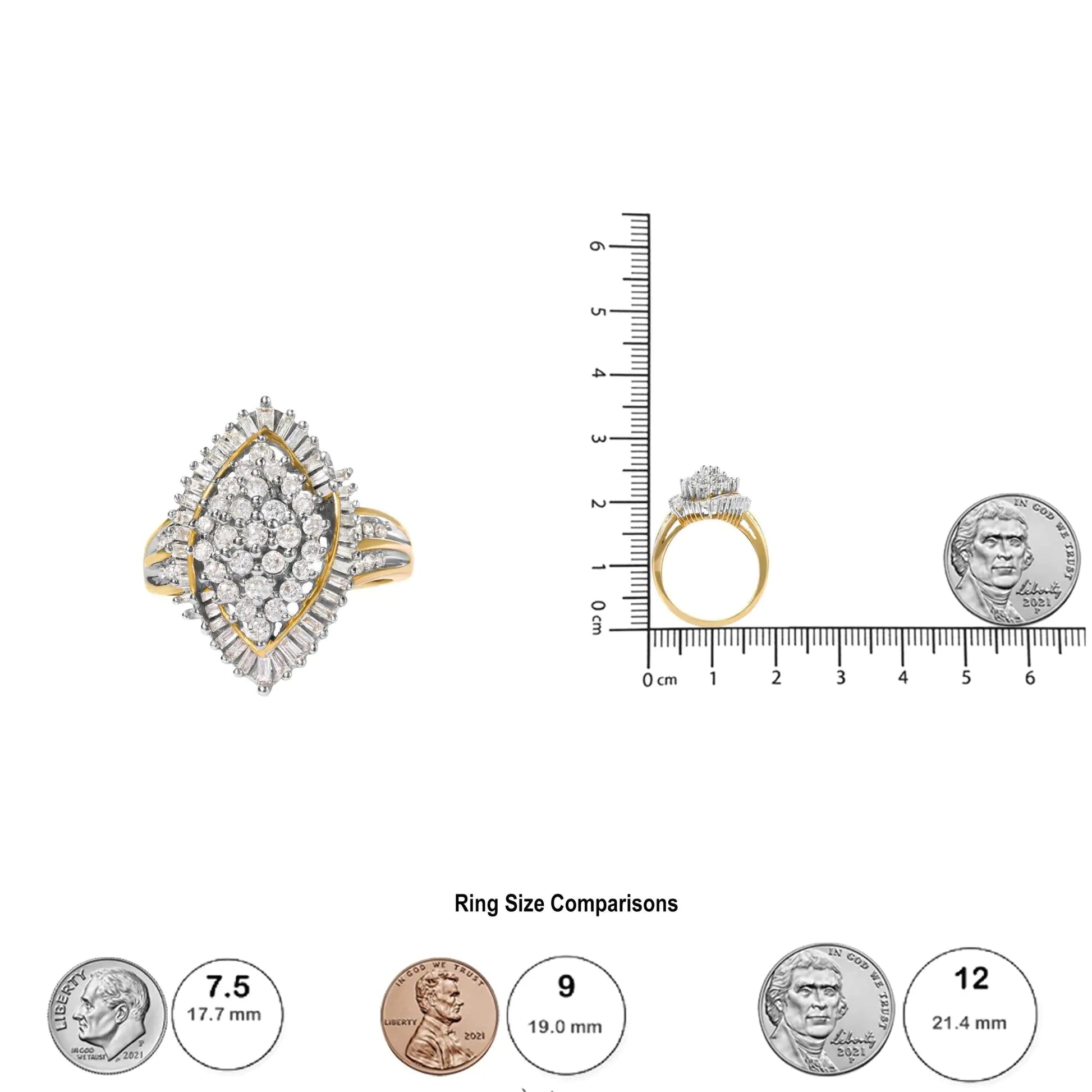 10K Yellow Gold 1.0 Cttw Round and Baguette-Cut Diamond Cluster Ring (I-J Color, SI2-I1 Clarity) WEM Support (www.WEM.support)