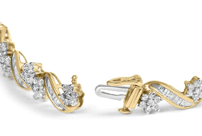 10k Yellow Gold 3.00 Cttw Round-Cut and Baguette-Cut Floral Link 7.25" Bracelet (I-J Color, I1-I2 Clarity) WEM Support (www.WEM.support)