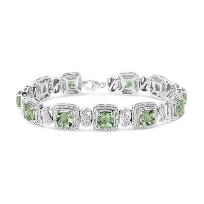 .925 Sterling Silver 7x7 mm Cushion Cut Green Amethyst and 1/10 cttw Single Cut Diamond Square Shape Tennis Bracelet (I-J Color, I1-I2 Clarity) - 7" WEM Support (www.WEM.support)
