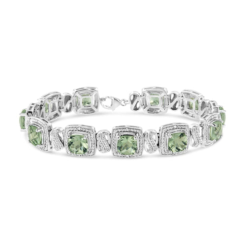 .925 Sterling Silver 7x7 mm Cushion Cut Green Amethyst and 1/10 cttw Single Cut Diamond Square Shape Tennis Bracelet (I-J Color, I1-I2 Clarity) - 7" WEM Support (www.WEM.support)