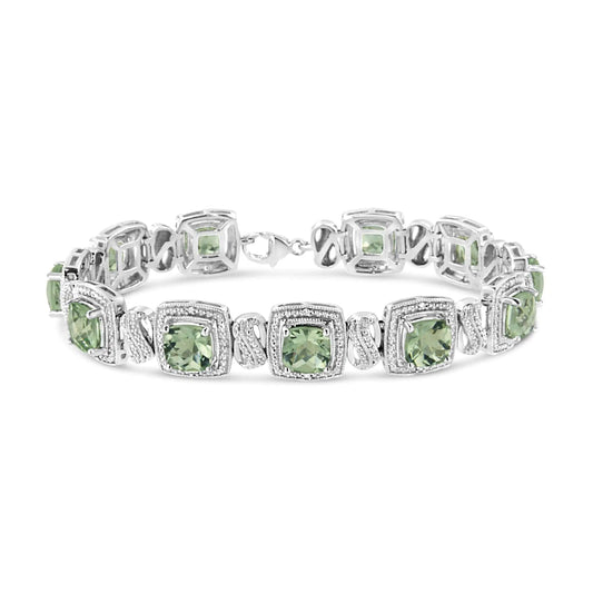 .925 Sterling Silver 7x7 mm Cushion Cut Green Amethyst and 1/10 cttw Single Cut Diamond Square Shape Tennis Bracelet (I-J Color, I1-I2 Clarity) - 7" WEM Support (www.WEM.support)
