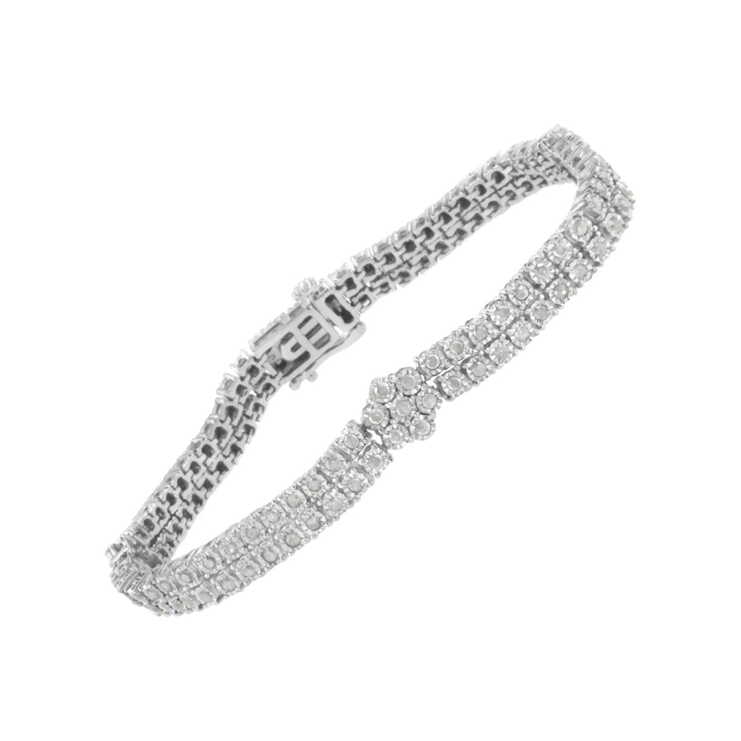.925 Sterling Silber Diamant Doppelreihe und Blumencluster Tennisarmband (2 Karat, I-J Farbe, I3 Reinheit) - Größe 7.25" WEM Support (www.WEM.support)