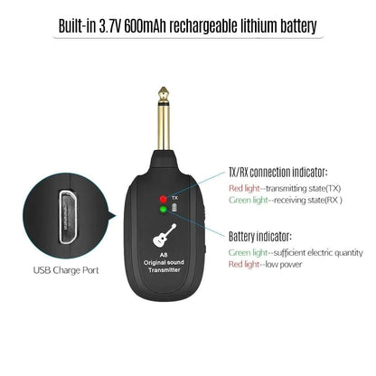 UHF Guitar Wireless System Transmitter+Receiver Built In Rechargeable Battery WEM Support (www.WEM.support)