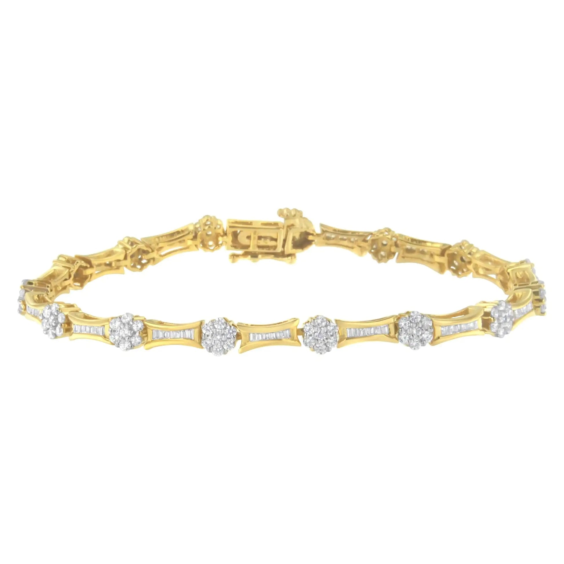 10K Yellow and White Gold 2.00 cttw Round and Baguette-Cut Diamond Link Bracelet (I-J Color, I2-I3 Clarity) - Size 7.25" WEM Support (www.WEM.support)
