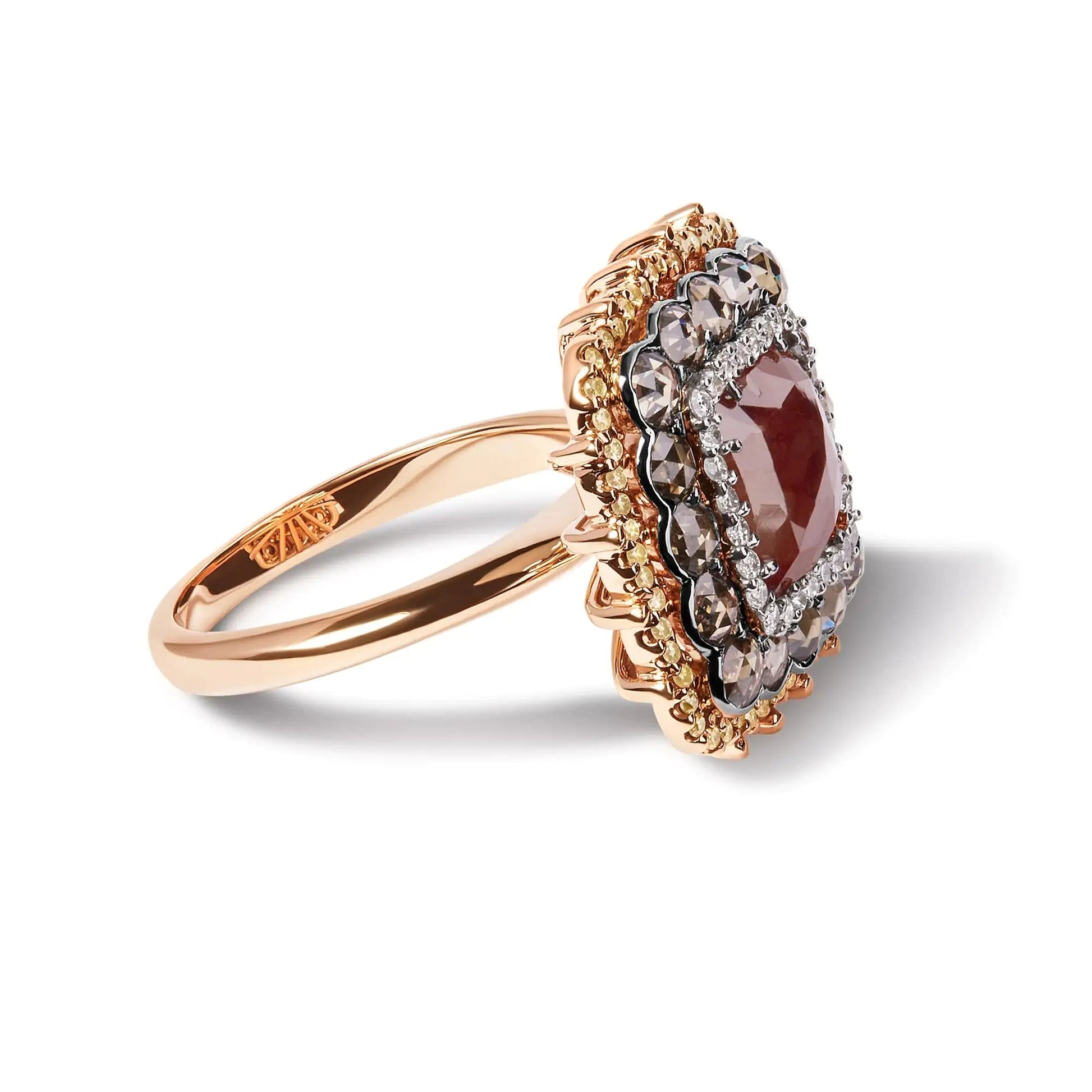 14K Rose Gold 4 1/3 Cttw Fancy Color Rose Cut Diamond Triple Halo Cocktail Ring (Fancy Color, I1-I2 Clarity) - Size 7 WEM Support (www.WEM.support)