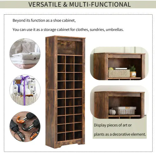 Stylish Design 30 Shoe Cabinet Console, Modern Shoe Cabinet, Multiple Storage Capacity, Self-standing High Cabinet, Suitable For Hallway, Bedroom, Rustic Brown WEM Support (www.WEM.support)