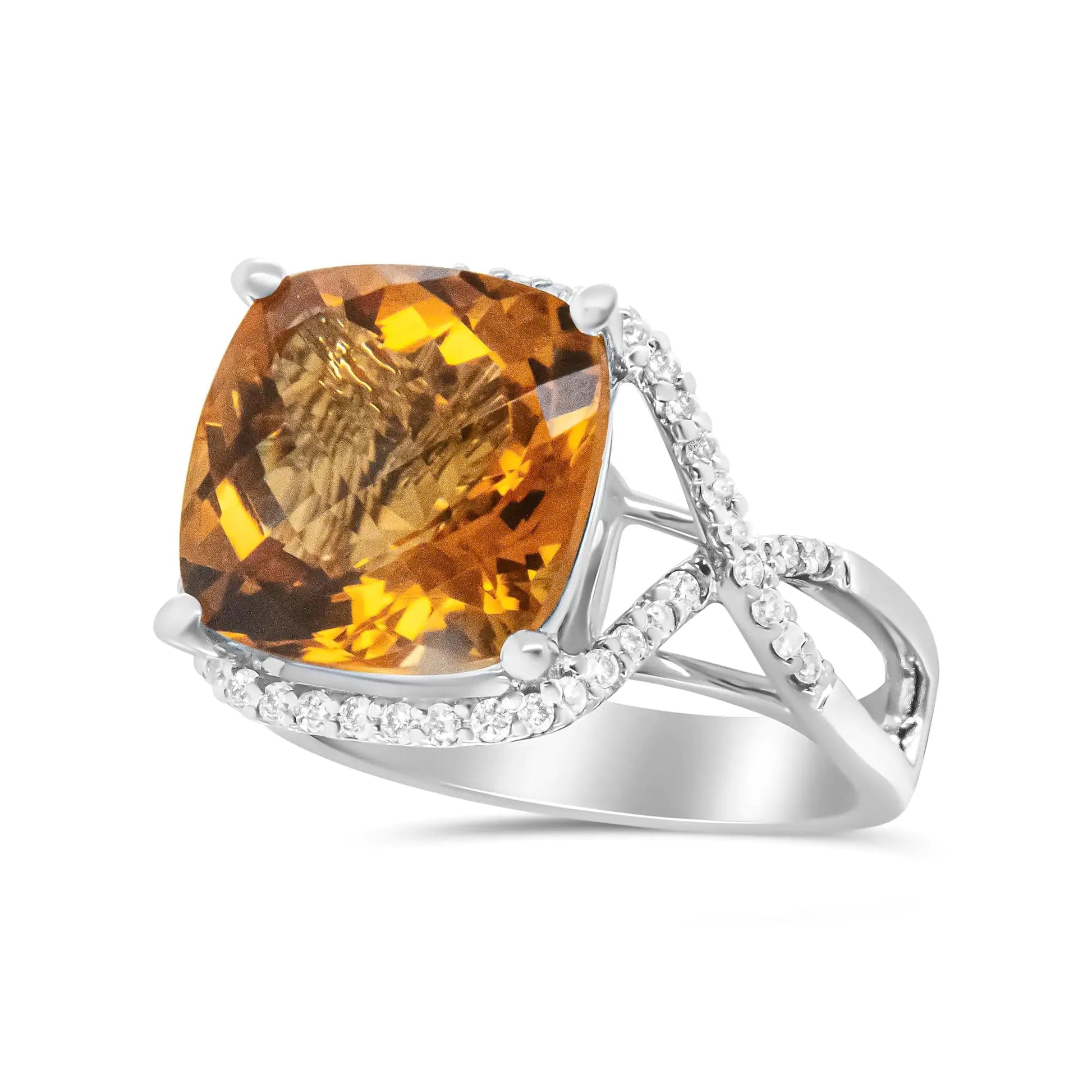 14K White Gold 12mm Cushion Cut Yellow Citrine Gemstone and 1/3 Cttw Round Pave-Set Diamond Ring - (H-I Color, VS1-VS2 Clarity) WEM Support (www.WEM.support)