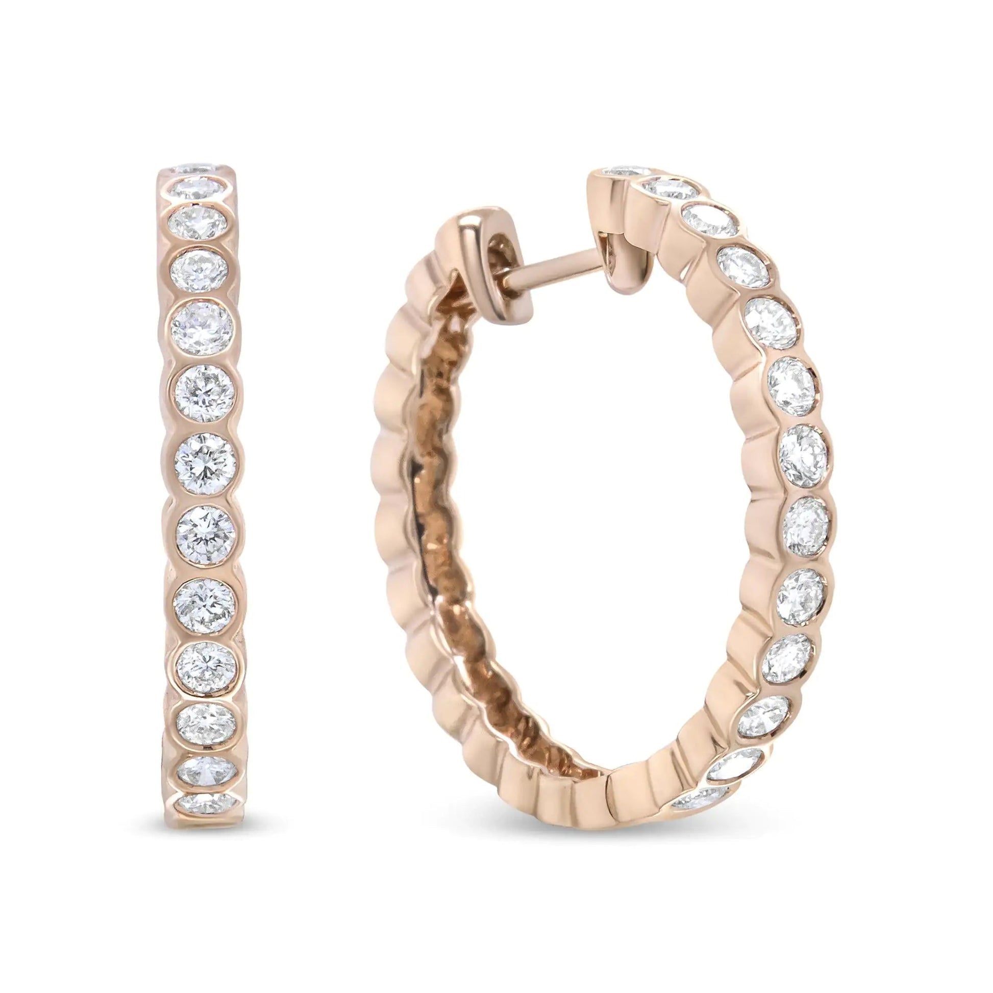 18K Rose Gold 1 Cttw Round Bezel-Set Diamond Hoop Earrings (F-G Color, VS1-VS2 Clarity) WEM Support (www.WEM.support)
