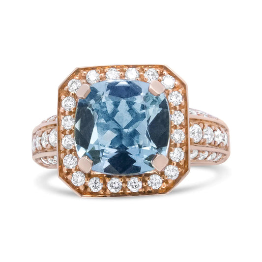 18K Rose Gold 10x10mm Cushion Shaped Aquamarine and 1 1/8 Cttw Round Diamond Halo Ring (F-G Color, VS1-VS2 Clarity) WEM Support (www.WEM.support)