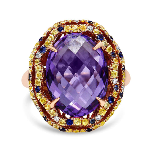 18K Yellow and Rose Gold Claw Prong Set Checkerboard Cut Purple Amethyst, Blue & Yellow Sapphire, Diamond Accent Cocktail Ring Band (F-G Color, VS1-VS2 Clarity) WEM Support (www.WEM.support)