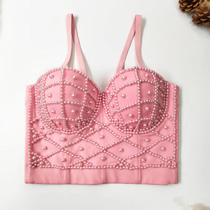 Women's Fashionable Elegant Pearl Spaghetti-strap Camisole Top With Chest Pad WEM Support (www.WEM.support)