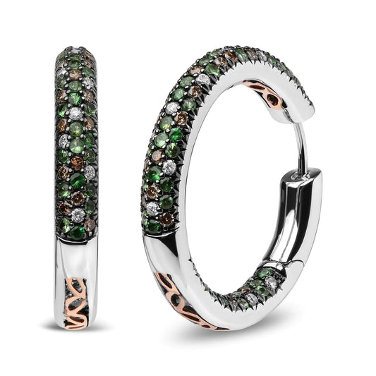 18K White Gold 1.00 Cttw Brown and White Diamond and 1.3mm Round Green Tsavorite Gemstone Inside Outside Hoop Earrings (Brown and G-H Color, SI1-SI2 Clarity) WEM Support (www.WEM.support)