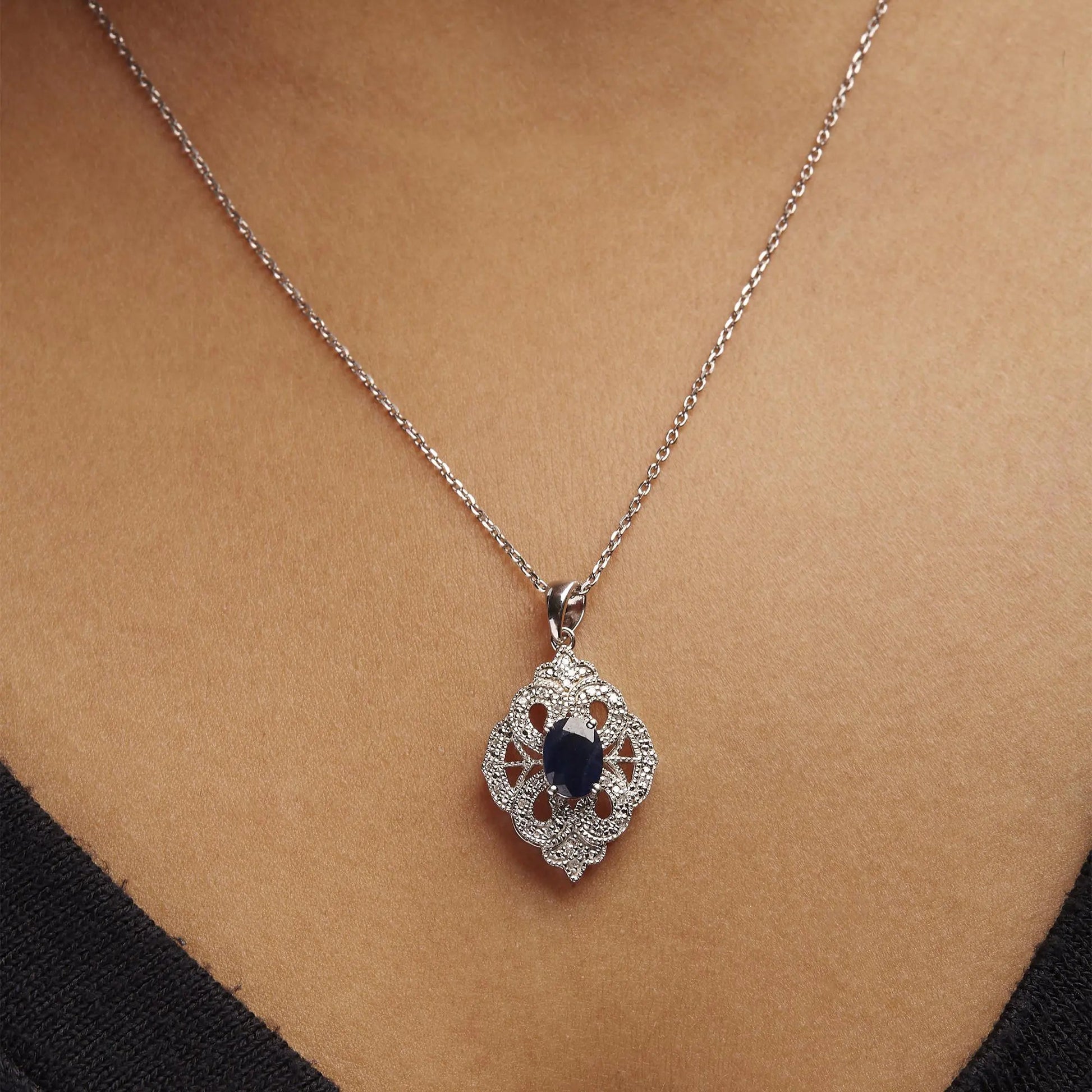 .925 Sterling Silver 7x5 MM Oval Blue Sapphire and Diamond Accent Art Deco Style Shield Shaped 18" Pendant Necklace (I-J Color, I3 Clarity) WEM Support (www.WEM.support)
