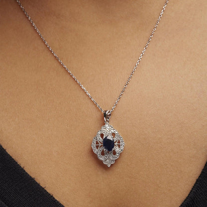.925 Sterling Silver 7x5 MM Oval Blue Sapphire and Diamond Accent Art Deco Style Shield Shaped 18" Pendant Necklace (I-J Color, I3 Clarity) WEM Support (www.WEM.support)