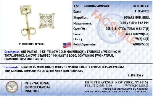 14K Yellow Gold 5/8 Cttw Princess Natural Brown Color Diamond 4-Prong  Stud Earrings (Brown Color, VS2-SI1 Clarity) WEM Support (www.WEM.support)