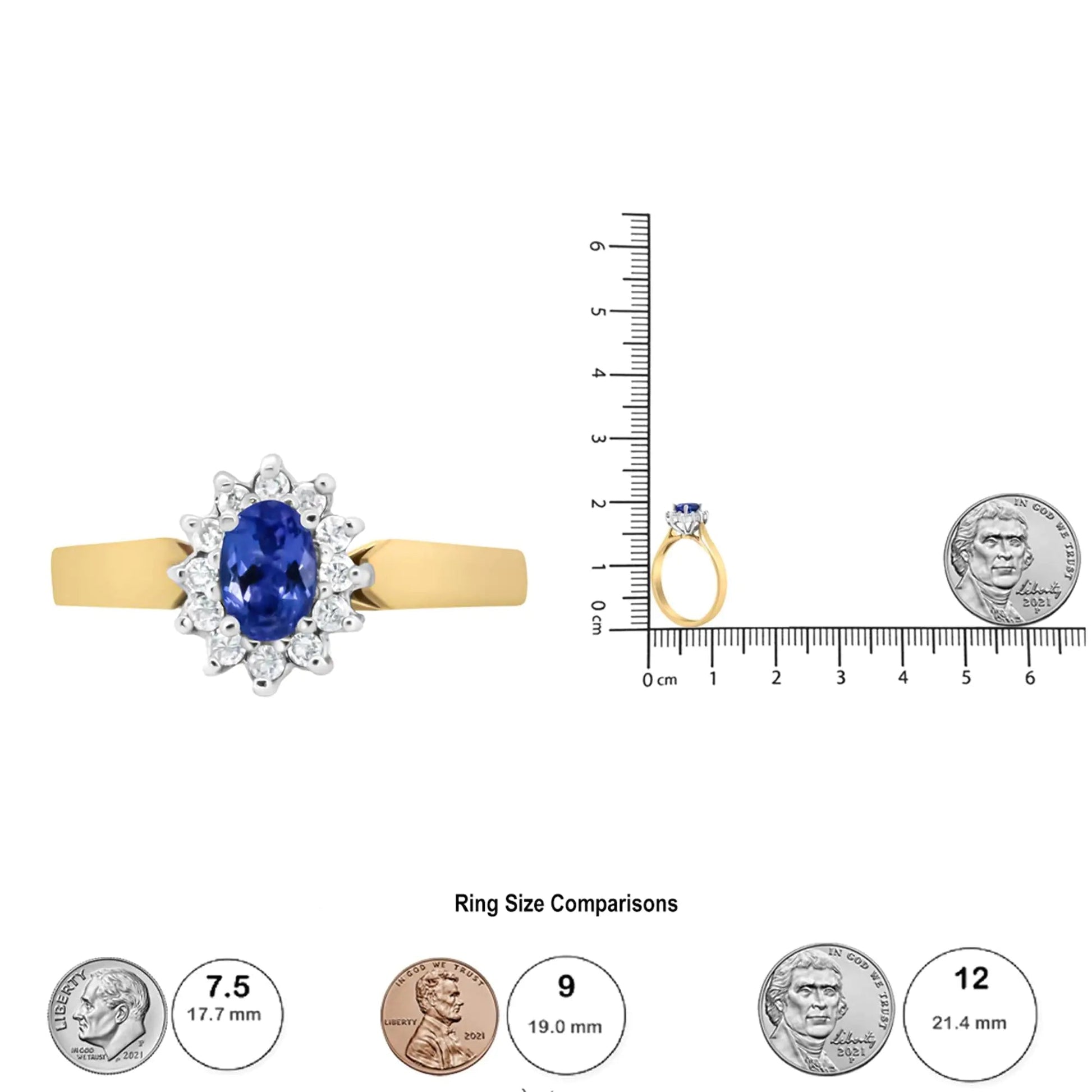 14K Yellow Gold 1/5 Cttw Round Diamond and 6x4mm Oval Blue Tanzanite Halo Ring (H-I Color, I1-I2 Clarity) WEM Support (www.WEM.support)