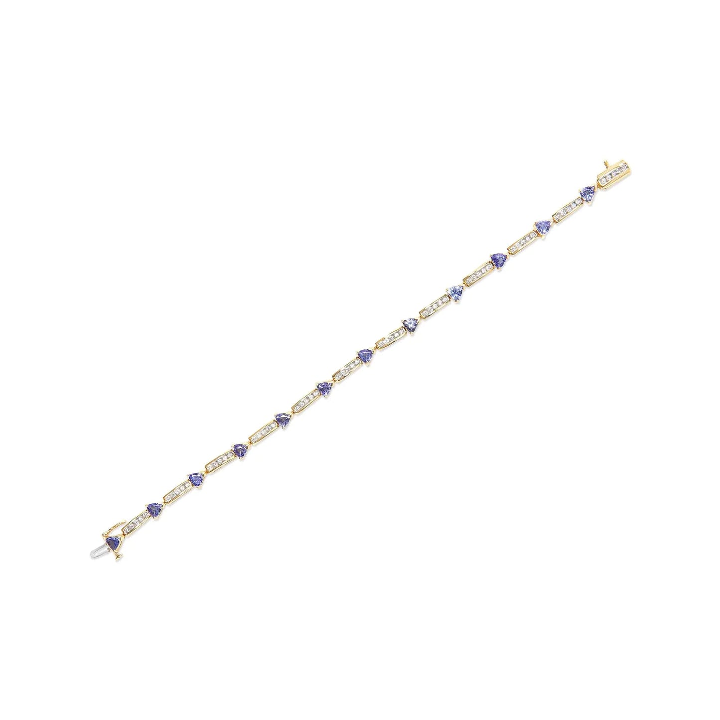 14K Yellow 5MM Trillion Cut Blue Tanzanite and 1 1/10 Cttw Diamond Tennis 7" Inches Bracelet (H-I Color, I1-I2 Clarity) WEM Support (www.WEM.support)
