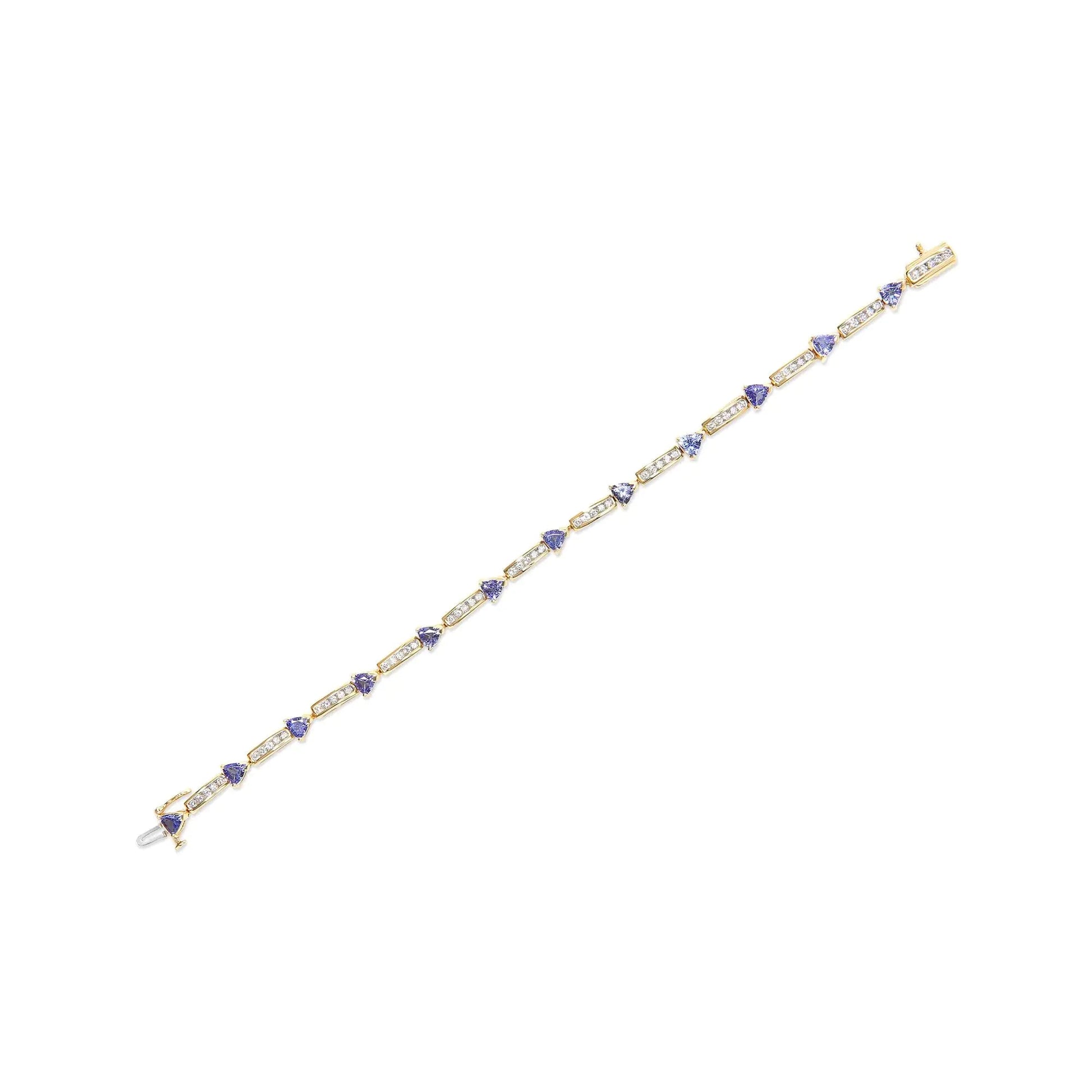 14K Yellow 5MM Trillion Cut Blue Tanzanite and 1 1/10 Cttw Diamond Tennis 7" Inches Bracelet (H-I Color, I1-I2 Clarity) WEM Support (www.WEM.support)