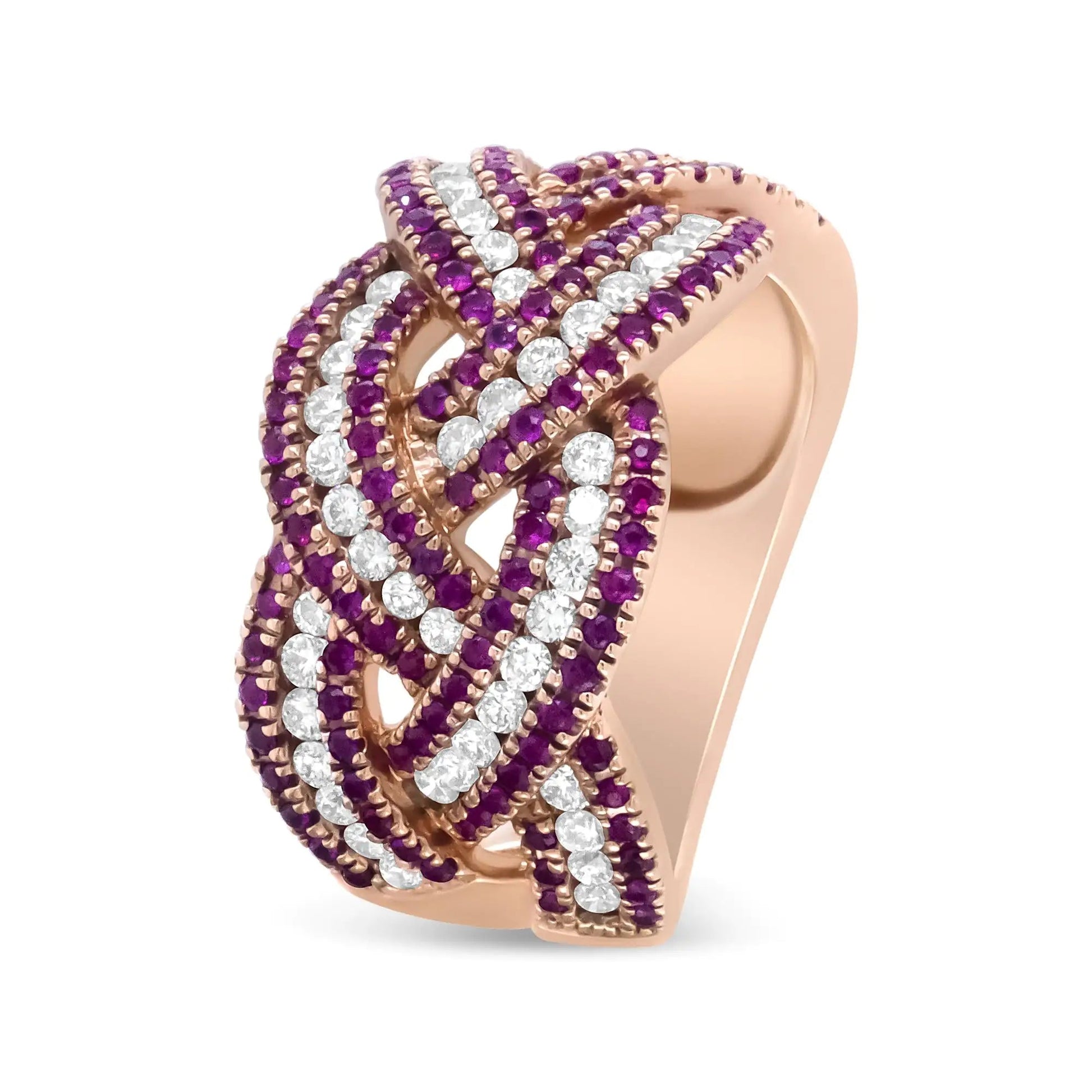 18K Rose Gold Red Ruby and 7/8 Cttw Diamond Woven Braided Band Ring (F-G Color, VS1-VS2 Clarity) WEM Support (www.WEM.support)