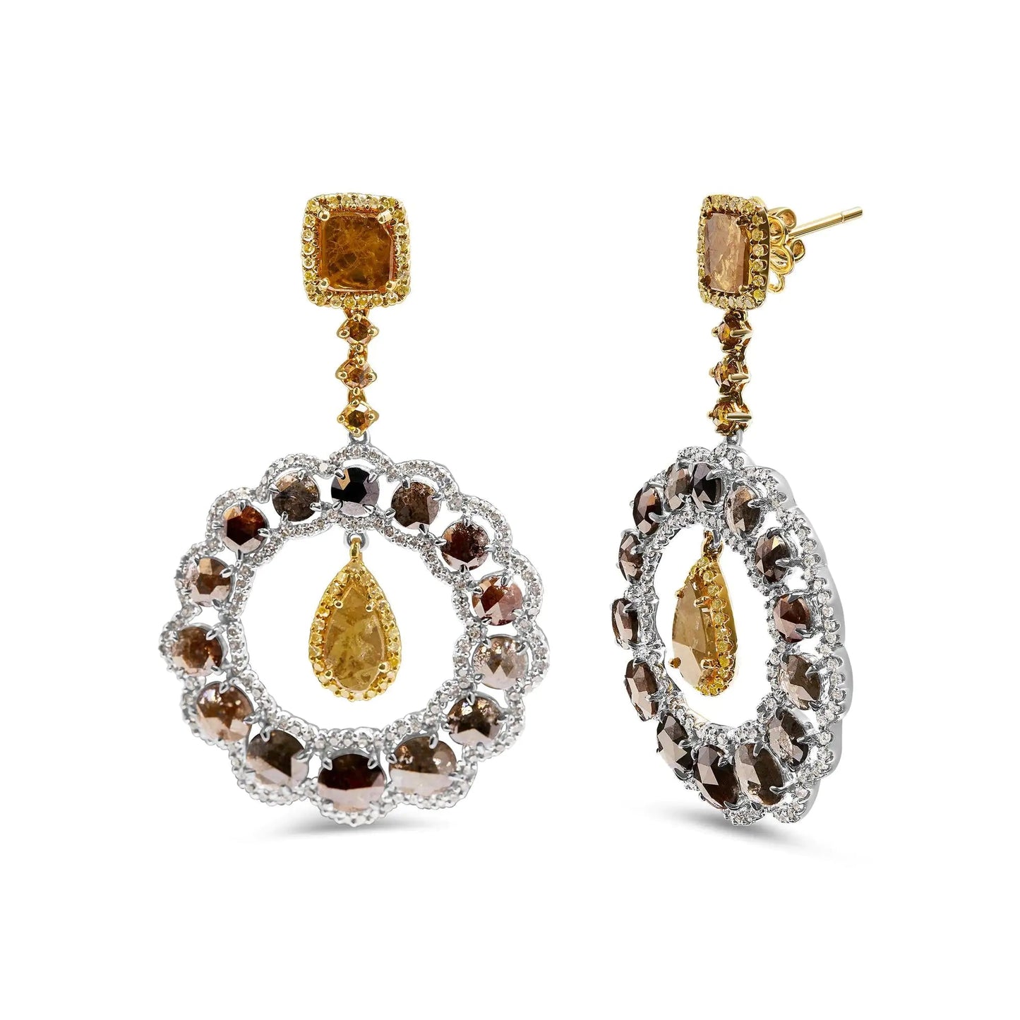 14K White and Yellow Gold 10.0 Cttw Mixed Natural Fancy Diamond Dangle Hoop and Bale Earrings (Yellow Color, I1-I2 Clarity) WEM Support (www.WEM.support)