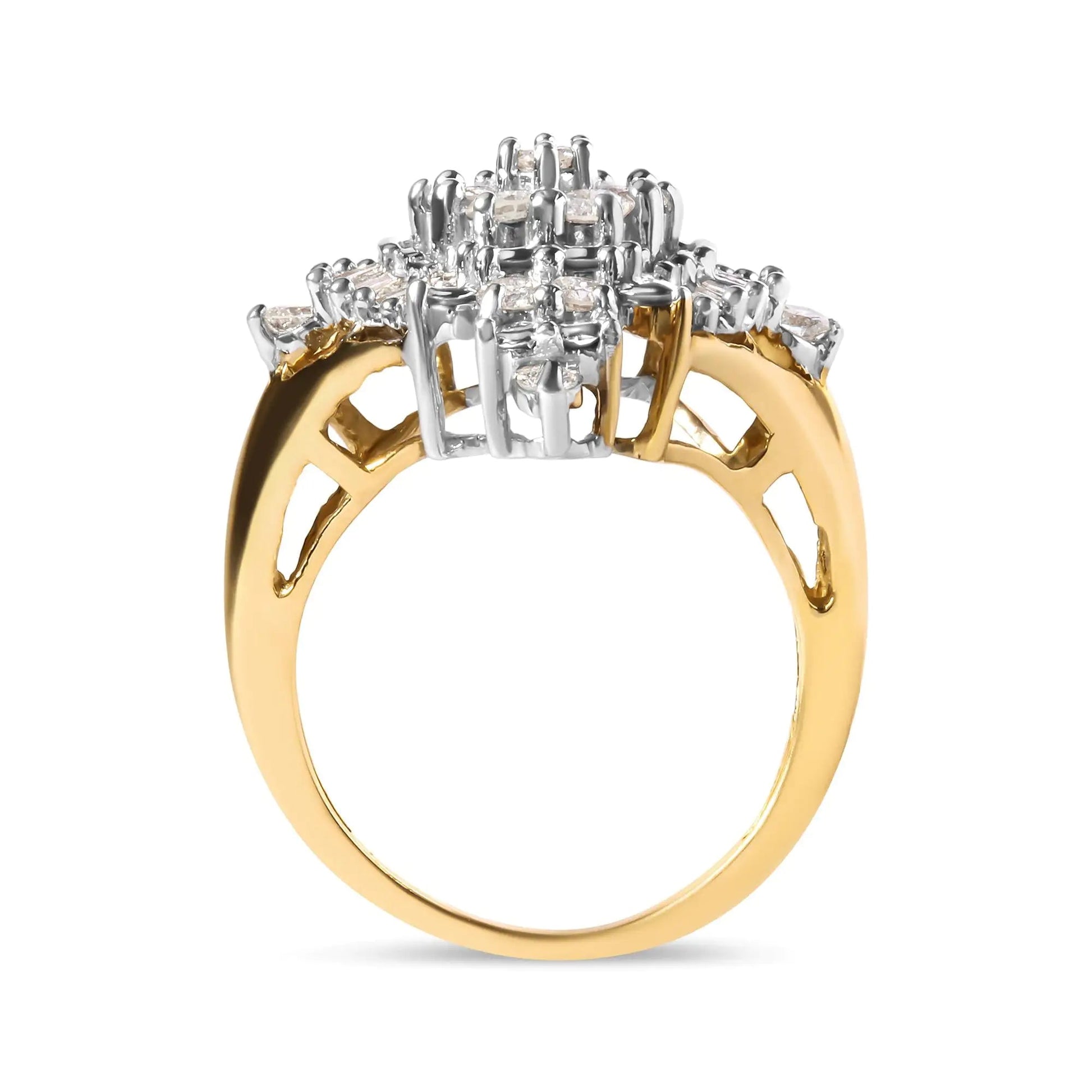 10K Yellow Gold 1 Cttw Round and Baguette cut Diamond Cluster and Rhombus Halo Ring (H-I Color, I1-I2 Clarity) WEM Support (www.WEM.support)