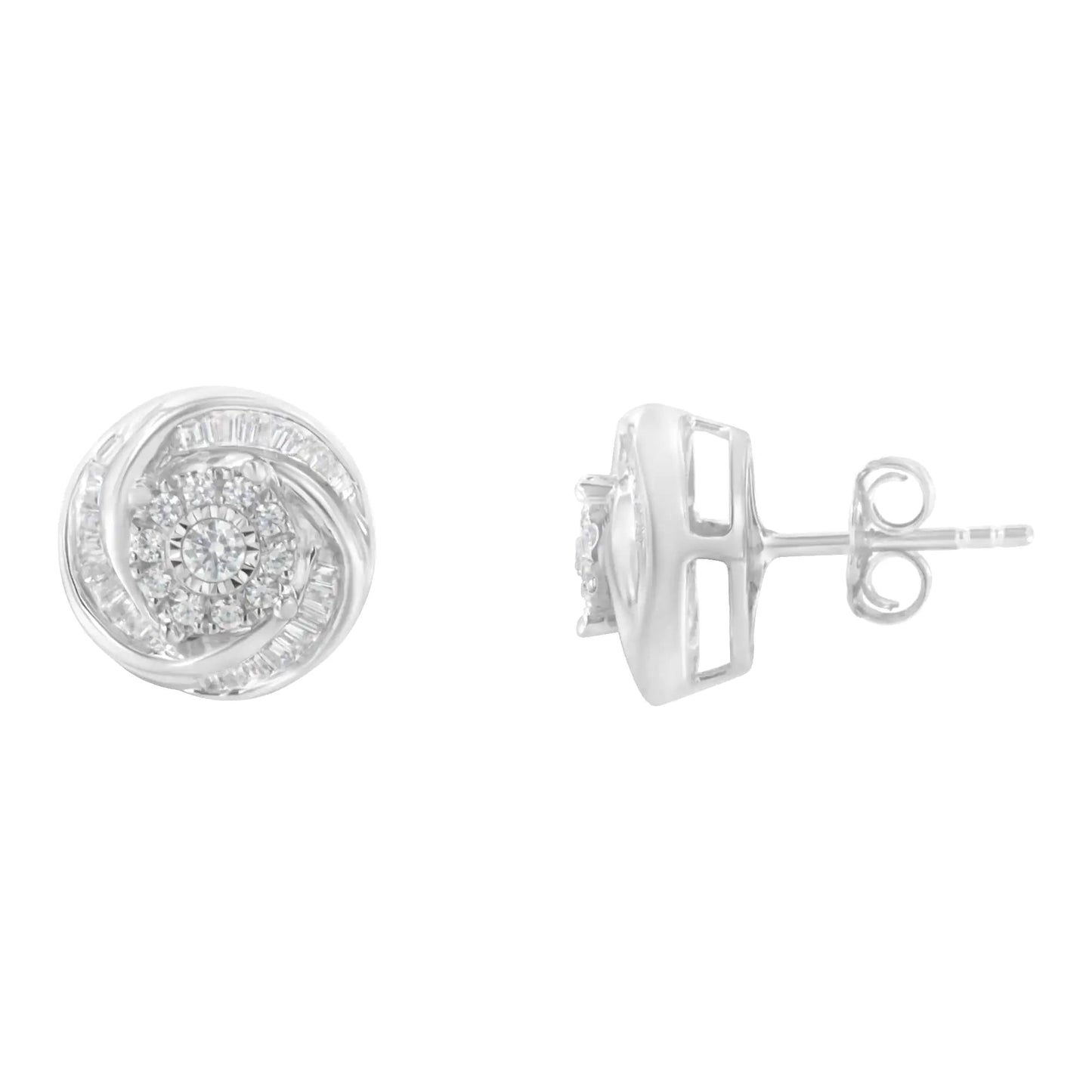 .925 Sterling Silver 3/4 Cttw Round and Baguette-Cut Diamond Love Knot Stud Earring (I-J Color, I2-I3 Clarity) WEM Support (www.WEM.support)