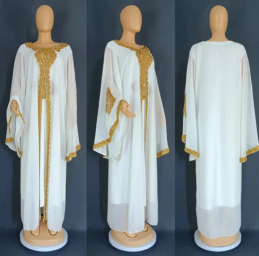 Two Piece Set Gold Kaftan Abaya Dress WEM Support (www.WEM.support)