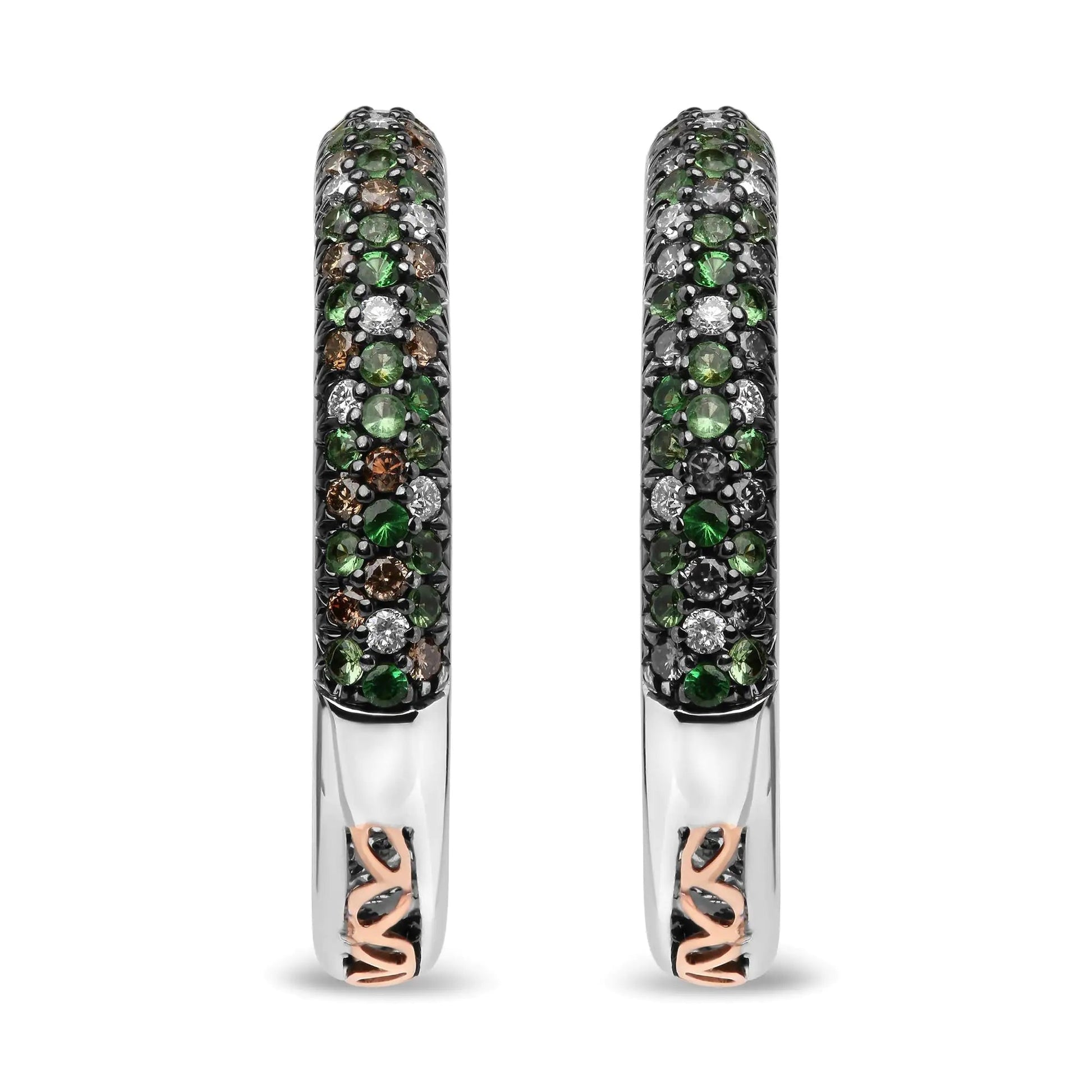 18K White Gold 1.00 Cttw Brown and White Diamond and 1.3mm Round Green Tsavorite Gemstone Inside Outside Hoop Earrings (Brown and G-H Color, SI1-SI2 Clarity) WEM Support (www.WEM.support)