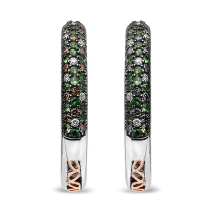 18K White Gold 1.00 Cttw Brown and White Diamond and 1.3mm Round Green Tsavorite Gemstone Inside Outside Hoop Earrings (Brown and G-H Color, SI1-SI2 Clarity) WEM Support (www.WEM.support)