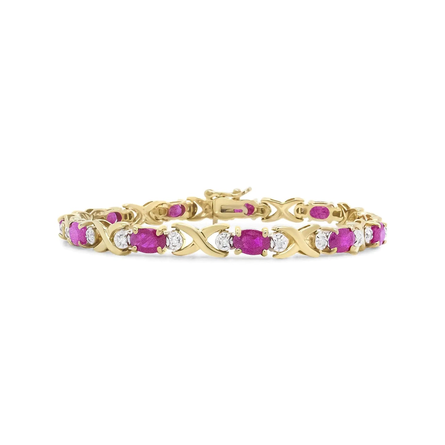 14K Yellow Gold 1/4 Cttw Diamond and Oval Red Ruby Alternating X Link Bracelet (I-J Color, I3 Clarity) WEM Support (www.WEM.support)