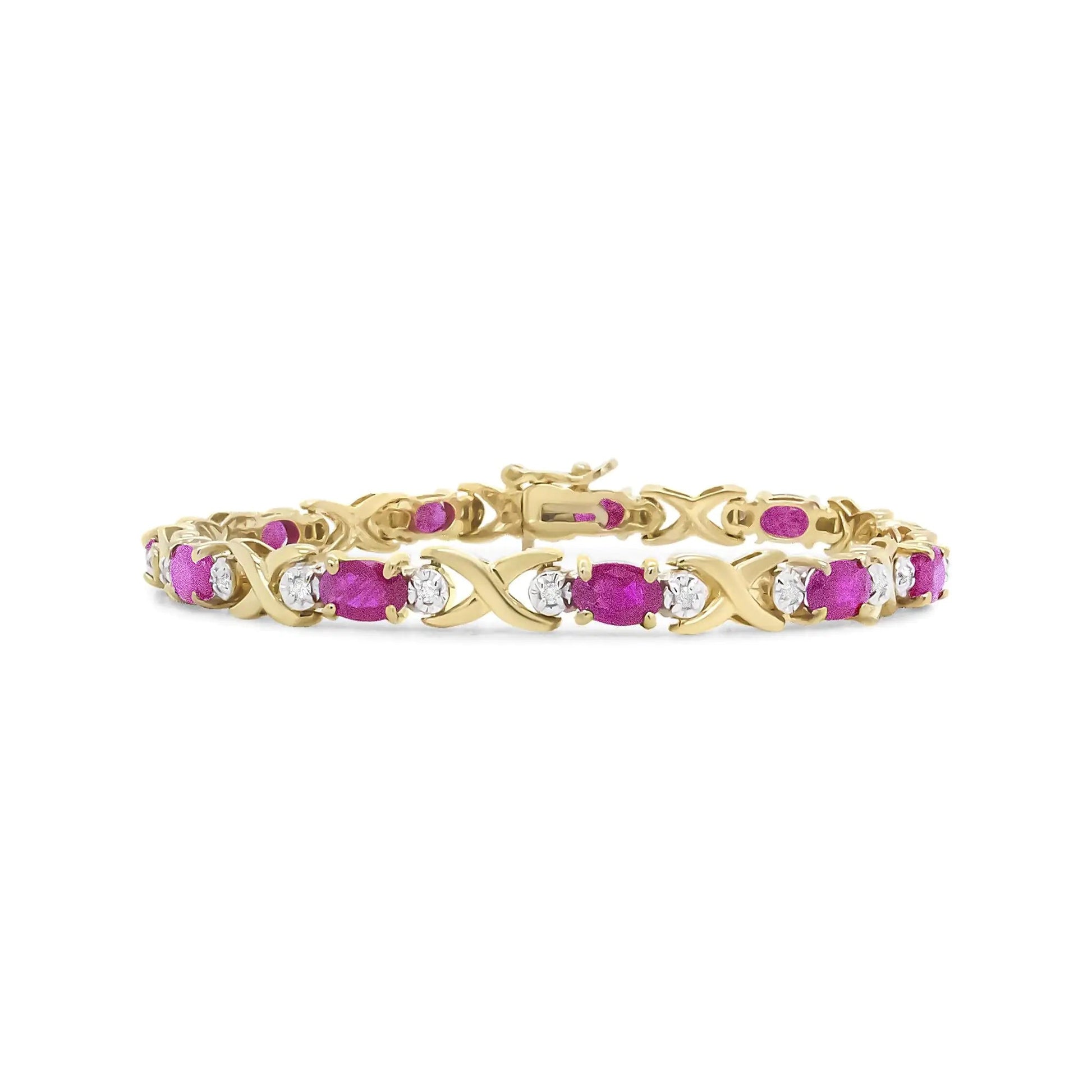 14K Yellow Gold 1/4 Cttw Diamond and Oval Red Ruby Alternating X Link Bracelet (I-J Color, I3 Clarity) WEM Support (www.WEM.support)