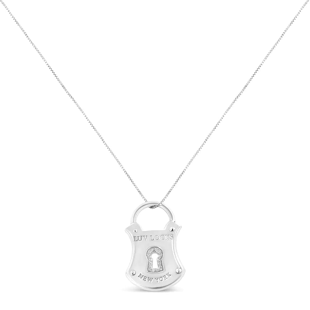 .925 Sterling Silver 1/10 Cttw Diamond Lock Pendant 18" Necklace (H-I Color, I1-I2 Clarity) WEM Support (www.WEM.support)
