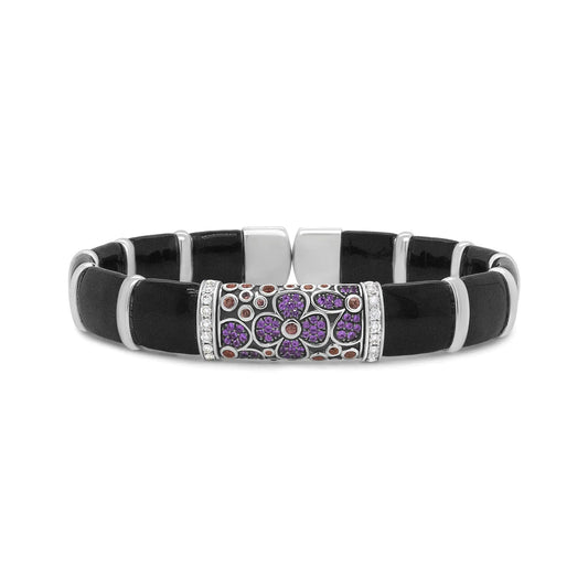 .925 Sterling Silver Black and Brown Enamel 1/3 Cttw Round Diamonds and Pink and Orange Sapphire Gemstones Floral Statement Bangle Bracelet (F-G Color, VS1-VS2 Clarity) - Size 7.75" WEM Support (www.WEM.support)