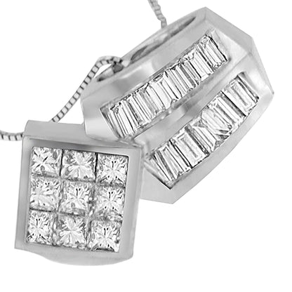 14K White Gold 1 1/2 cttw Princess and Baguette Cut Diamond Multi-shape Pendant Necklace (G-H, VS1-VS2) WEM Support (www.WEM.support)