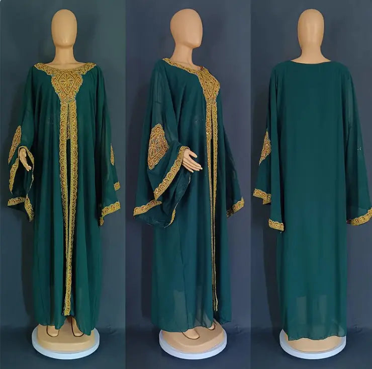 Two Piece Set Gold Kaftan Abaya Dress WEM Support (www.WEM.support)