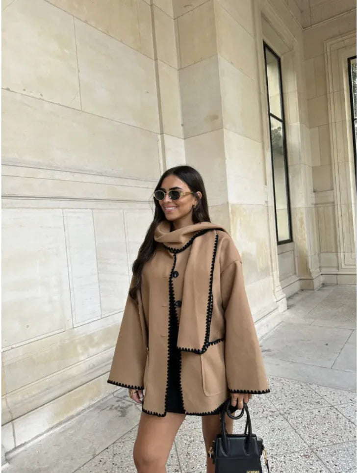 Women's Color-Contrast Woolen Scarf Coat WEM Support (www.WEM.support)