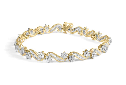 10k Yellow Gold 3.00 Cttw Round-Cut and Baguette-Cut Floral Link 7.25" Bracelet (I-J Color, I1-I2 Clarity) WEM Support (www.WEM.support)