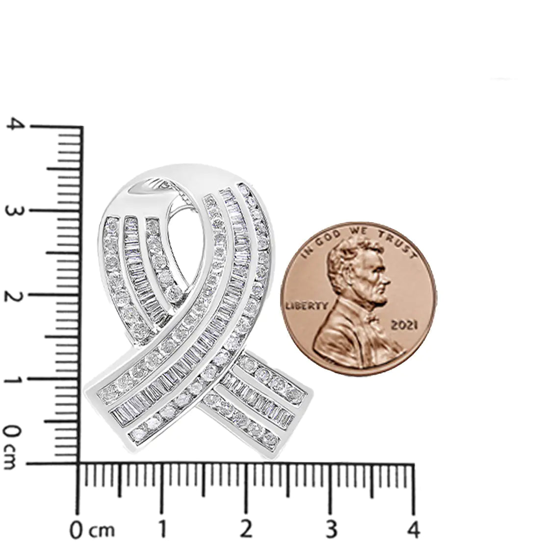 14K White Gold 2 5/8 Cttw Channel Set Round and Baguette Diamond Awareness Ribbon Pendant (H-I Color, I1-I2 Clarity) - Chain Not Included WEM Support (www.WEM.support)