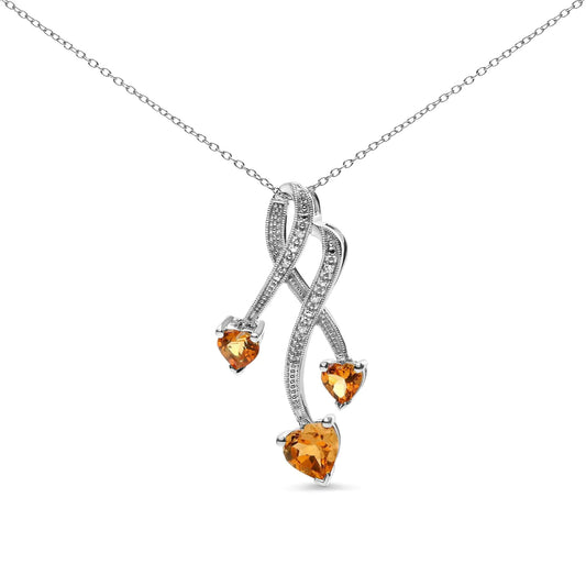 .925 Sterling Silver 3-Stone Heart Shape Citrine and Diamond Accent Spiral Drop 18" Pendant Necklace (H-I Color, SI1-SI2 Clarity) WEM Support (www.WEM.support)