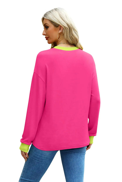 WIHOLL Womens Tunic Tops Long Sleeve Striped Shirts Crewneck Tops Plain Hot Pink X-Large My Store