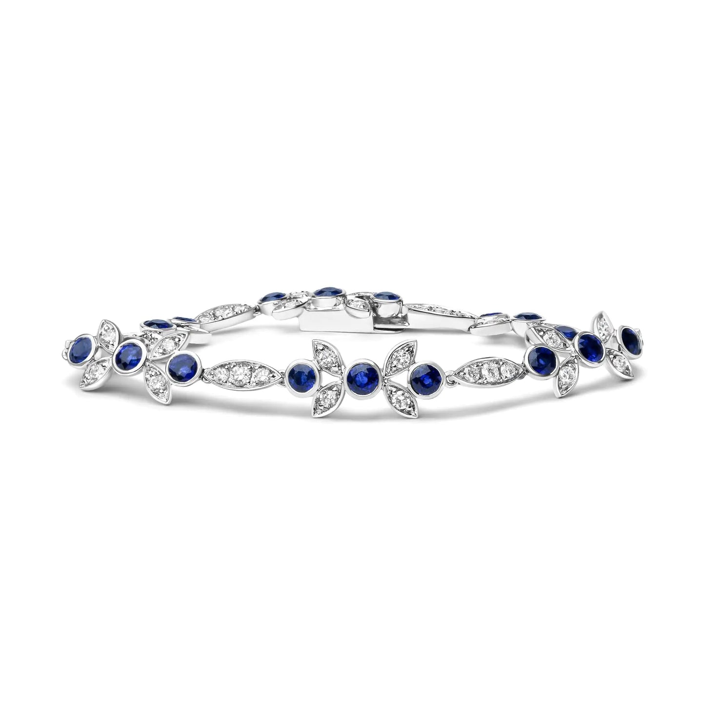 18K White Gold 1 3/4 Cttw Diamond and 3x3mm Round Blue Sapphire Gemstone Floral Link Bracelet (G-H Color, SI1-SI2 Clarity) - Size 7" WEM Support (www.WEM.support)