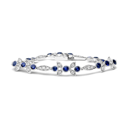 18K White Gold 1 3/4 Cttw Diamond and 3x3mm Round Blue Sapphire Gemstone Floral Link Bracelet (G-H Color, SI1-SI2 Clarity) - Size 7" WEM Support (www.WEM.support)