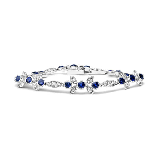 18K White Gold 1 3/4 Cttw Diamond and 3x3mm Round Blue Sapphire Gemstone Floral Link Bracelet (G-H Color, SI1-SI2 Clarity) - Size 7" WEM Support (www.WEM.support)