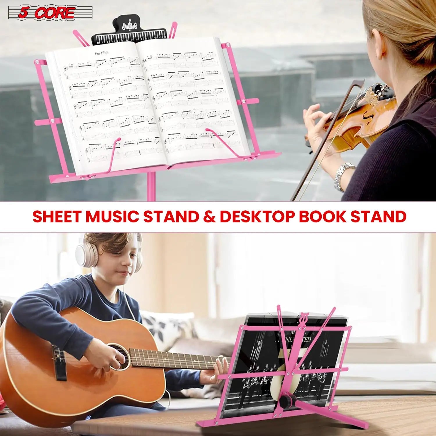 Suporte de Música 5Core para Partituras, Portátil, Tripé Ajustável, Dobrável, Porta-Notas, Rosa Intenso WEM Support (www.WEM.support)