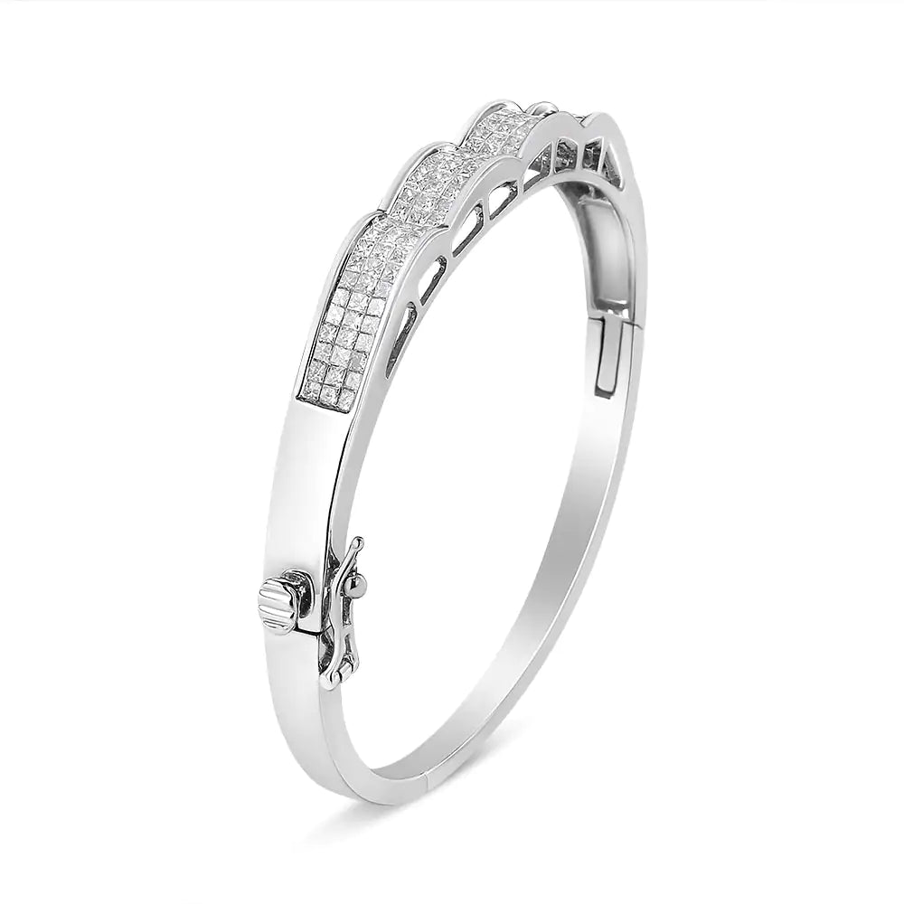 14K White Gold 3 1/3 Cttw Invisible Set Princess-Cut Diamond Wave Bangle Bracelet (H-I Color, SI1-SI2 Clarity) - Size 7" WEM Support (www.WEM.support)
