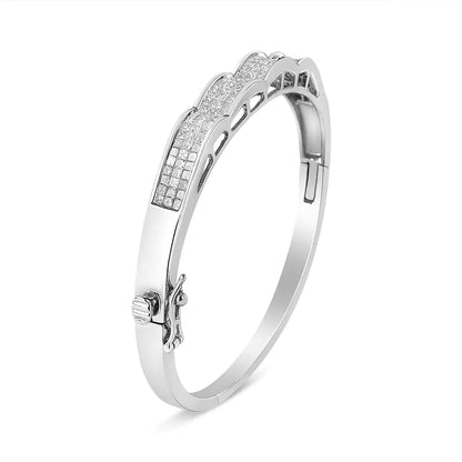 14K White Gold 3 1/3 Cttw Invisible Set Princess-Cut Diamond Wave Bangle Bracelet (H-I Color, SI1-SI2 Clarity) - Size 7" WEM Support (www.WEM.support)