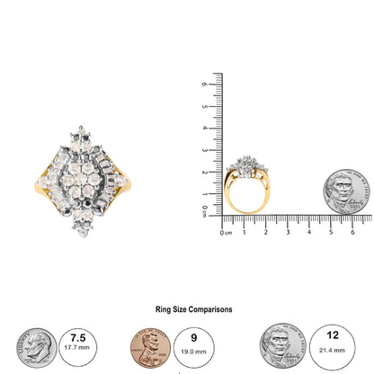 10K Yellow Gold 1 Cttw Round and Baguette cut Diamond Cluster and Rhombus Halo Ring (H-I Color, I1-I2 Clarity) WEM Support (www.WEM.support)