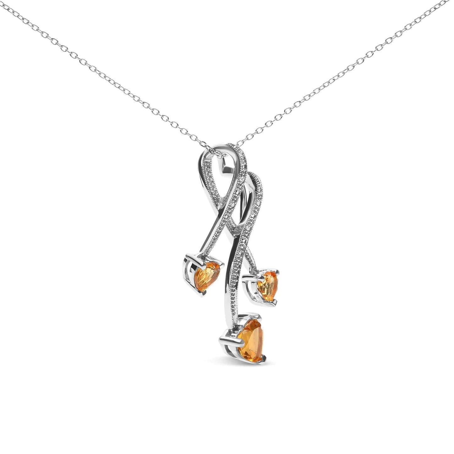.925 Sterling Silver 3-Stone Heart Shape Citrine and Diamond Accent Spiral Drop 18" Pendant Necklace (H-I Color, SI1-SI2 Clarity) WEM Support (www.WEM.support)