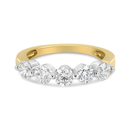 14K White and Yellow Gold 1 1/2 Cttw 2 Prong Cup Set Round-Cut Diamond 5 Stone Ring Band (H-I Color, SI2-I1 Clarity) WEM Support (www.WEM.support)